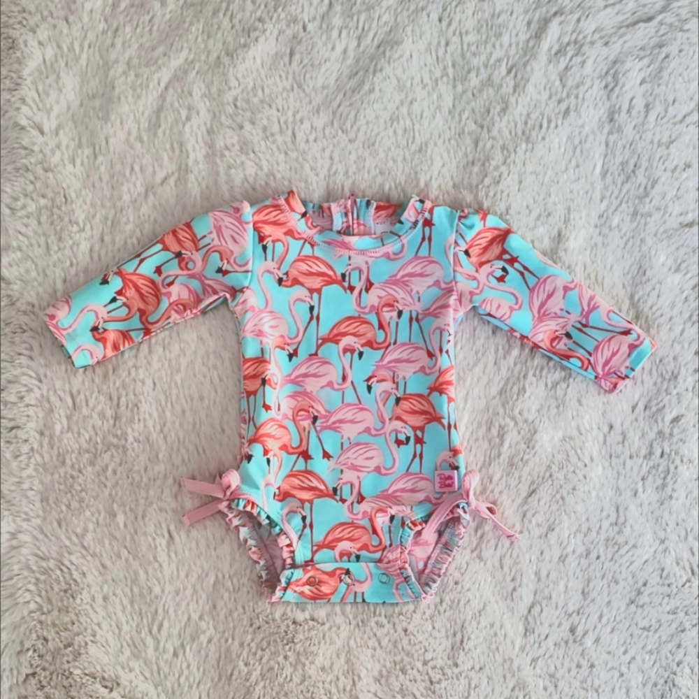 RuffleButts Fab Flamingo UPF 50 Long Sleeved One Piece Swimsuit, 3-6 months